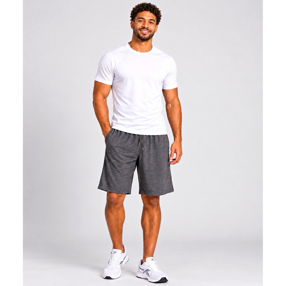 Reebok Men's Heather Gray Basketball Gym Shorts Regular 10" Drawstring 32"  Sz-L